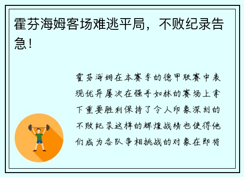 霍芬海姆客场难逃平局，不败纪录告急！
