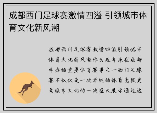 成都西门足球赛激情四溢 引领城市体育文化新风潮