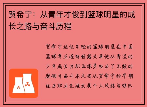 贺希宁：从青年才俊到篮球明星的成长之路与奋斗历程