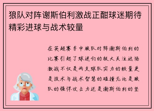 狼队对阵谢斯伯利激战正酣球迷期待精彩进球与战术较量