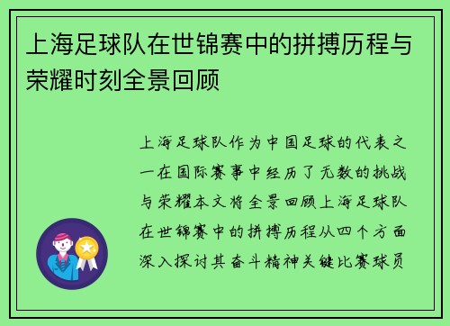上海足球队在世锦赛中的拼搏历程与荣耀时刻全景回顾