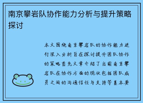 南京攀岩队协作能力分析与提升策略探讨