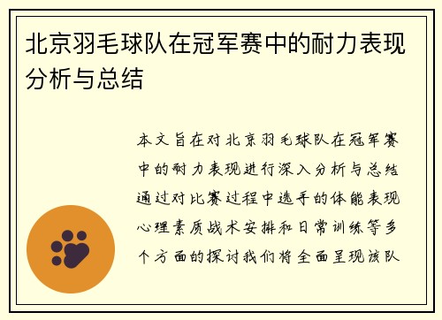 北京羽毛球队在冠军赛中的耐力表现分析与总结