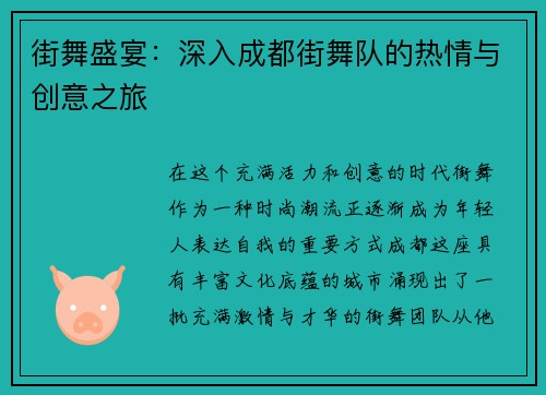 街舞盛宴：深入成都街舞队的热情与创意之旅