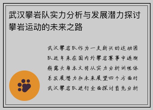 武汉攀岩队实力分析与发展潜力探讨攀岩运动的未来之路