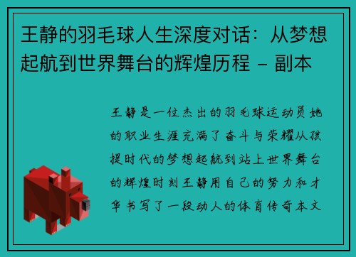 王静的羽毛球人生深度对话：从梦想起航到世界舞台的辉煌历程 - 副本