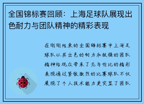 全国锦标赛回顾：上海足球队展现出色耐力与团队精神的精彩表现